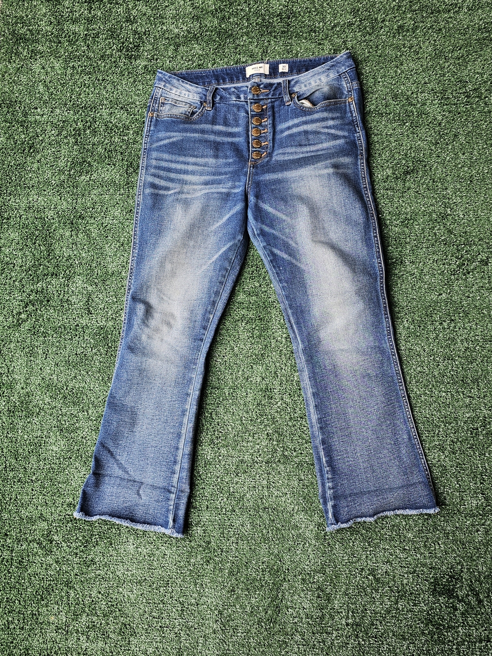 Miss Me Distressed Mid-Blue Button-Front Cropped Jeans